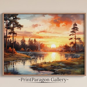 Lake Forest Painting Watercolor Vintage Summer Forest Wall Art Summer Landscape Wall Decor Country Scenery Art Rural House Decor Summer Lake
