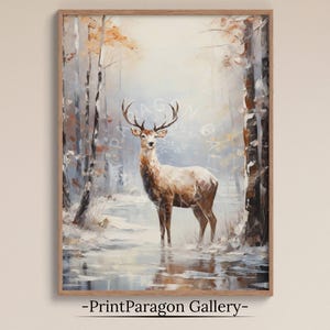 Vintage Buck Snowy Forest Painting Winter Animal Print Winter Scenery Printable Deer Wall Art Rustic Winter Landscape Art Digital Download