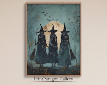 Häxdekor Vintage Halloween Utskrivbar Väggkonst Mörk Academia Oljemålning Spöklik Årstid Hösttryck Höstdekor Skogshäxa Väggkonst