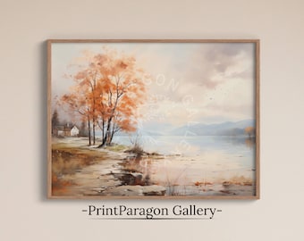 Lake House Print Vintage Fall Decor Autumn Wall Art Landscape Painting Lake Cabin Farmhouse Decor Watercolor Painting Rustic Home Decor