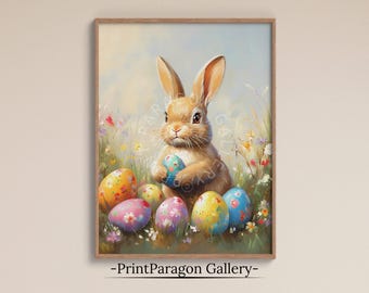Printable Easter Bunny Wall Art Vintage Rabbit Oil Painting Easter Print Cottagecore Decor Easter Digital Download Rustic Wall Art Spring