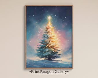 Pintura a óleo natalina vintage para download, decoração de parede natalina, arte de parede de inverno, impressão de árvore de Natal, arte vintage, decoração sazonal, arte de feriado.