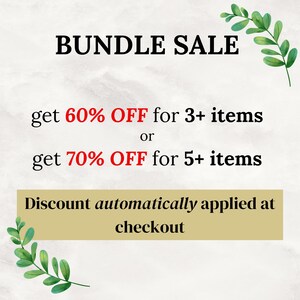 Pu&ograve; includere: Una grafica con fogliame verde su uno sfondo bianco. Il testo recita "BUNDLE SALE get 60% OFF for 3+ items or get 70% OFF for 5+ items Discount automatically applied at checkout"
