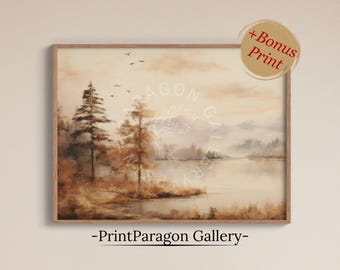 May include: A framed landscape art print featuring a serene lake scene with tall pine trees, soft golden-brown tones, and a misty mountain backdrop. The print includes a circular badge that reads +Bonus Print and the text -PrintParagon Gallery-.