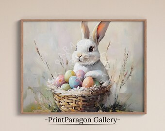 Easter Bunny Oil Painting Digital Printable Rabbit Wall Art Easter Decor Vintage Farmhouse Decor Spring Downloadable Rustic Home Decor