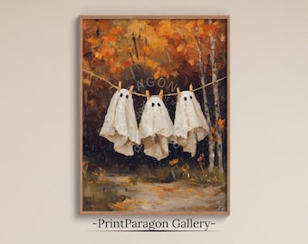 ヴィンテージ ハロウィン オイルペインティング ゴーストプリント 不気味な装飾 ウォールアート 秋の装飾 ダーク コテージコア ゴースト 魔女風の装飾 秋のプリント ゴースト ウォールアート