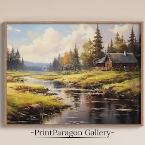 Printable Forest Cottage Painting Summer Cabin Wall Art Summer Landscape Wall Decor Country Scenery Art Rustic Home Decor Summer Print Art