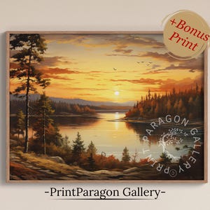 See-Wald-Sonnenuntergang-Malerei druckbare Herbst-Wald Wand Kunst Landschaft Herbst Landschaft rustikalen Herbst See Wand Kunst Natur digitaler Download