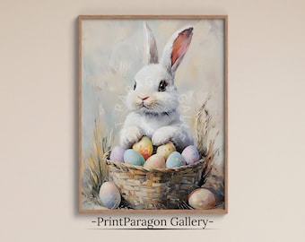 Easter Bunny Print, Vintage Oil Painting, Easter Decor, Digital Download, Farmhouse Decor, Printable Wall Art, Spring Wall Art Easter Rabbit