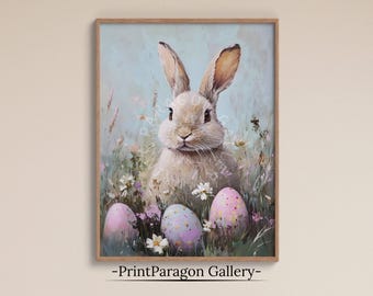 Vintage Printable Easter Decor Spring Wall Art Easter Bunny Rabbit Oil Painting Easter Print Spring Decor Farmhouse Digital Download