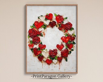 Valentine's Day Wreath Painting Printable Vintage Wall Art Anniversary Gift for Her Farmhouse Romantic Home Decor Hearts & Roses Digital Art