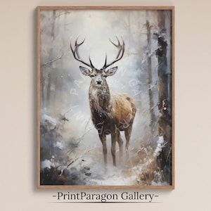 Winter Stag Oil Painting, Animal Snowy Forest, Rural Winter Landscape, Printable Wall Art, Rustic Winter Farmhouse Deer Digital Wall Decor