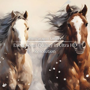Pu&ograve; includere: Due cavalli che corrono uno accanto all'altro, uno marrone con segni bianchi e l'altro marrone chiaro, con le loro criniere che fluttuano nel vento. Il testo "PrintParagon Gallery - Exceptional Quality in Ultra HD Resolution" &egrave; visualizzato sotto i cavalli.
