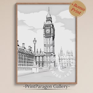 Big Ben Sketch Print B&W London Architecture Wall Art Cityscape Wall Decor Printable Graphite Drawing Home Decor Architectural Graphic