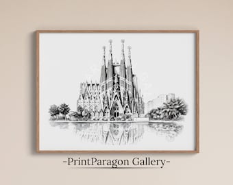 Sagrada Familia Home Decor B&W Sketch Spanish Architecture Wall Art Printable Barcelona Cityscape Painting Graphite Drawing Graphic Decor