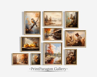 May include: A collection of nine framed autumn-themed paintings featuring scenes of nature, animals, and people. The paintings are in gold frames and are arranged in a grid pattern.