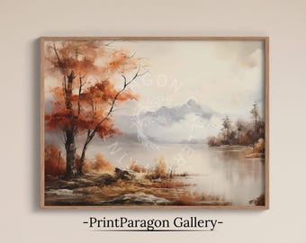 Vintage Fall Print Lake Art Watercolor Painting Mountain Rustic Home Decor Autumn Wall Art Printable Lake Fall Decor Digital Download