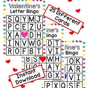 Alfabeto de San Valentín BINGO Letras mayúsculas Fiesta del día de San Valentín Descargar juego imprimible Letras de jardín de infantes para niños en edad preescolar