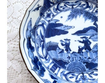 Vintage Japanese Blue and White Porcelain Bowl Signed by Artist
