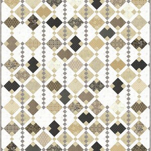 May include: A patchwork quilt with a repeating diamond pattern. The quilt features various shades of beige, brown, and black fabrics, with floral and geometric patterns. The diamonds are connected by a series of gray vertical lines.