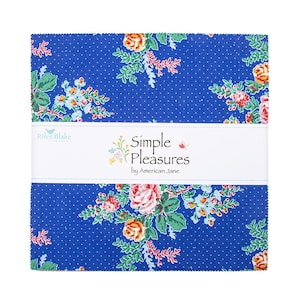 May include: A stack of fabric squares with a blue polka dot background and floral patterns in pink, orange, and green. The fabric is labeled "Simple Pleasures by American Jane."