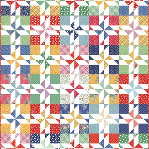 May include: A colorful patchwork quilt with a pinwheel design. The quilt features squares of various patterns and colors, including red, blue, green, yellow, and floral prints. The quilt is bordered with a red fabric.