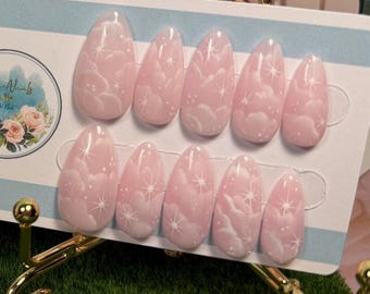 Dreamer Press On Nails | Pink Cloud & Star Nails | Dreamy Sky Gel Nails | Celestial Pastel Nail Art | Handmade Press Ons