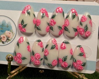 Rose Garden Press On Nails | Pink Rose Nail Art | Romantic Floral Gel Nails | Hand Painted Flower Nails | Handmade Press Ons