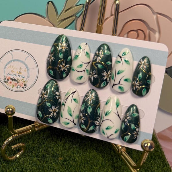 ETHEREAL - Gel Press On Nails, Flora, flowers, Vines, Gold Chrome, Forest, Fairytale, Quick Manicure, Made To Order