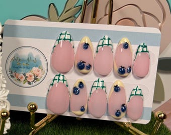 BLUEBERRY PICNIC - Gel Press on Nails, Gingham, Tablecloth, Summer, Spring, Made to Order, Quick Manicure
