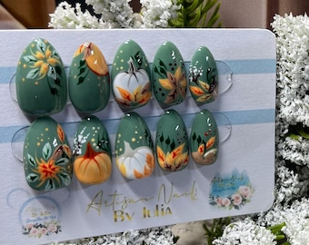 Thanksgiving Press On Nails | Fall Nail Art | Autumn Leaves Gel Nails | Pumpkin Thanksgiving Nails | Handmade Press Ons