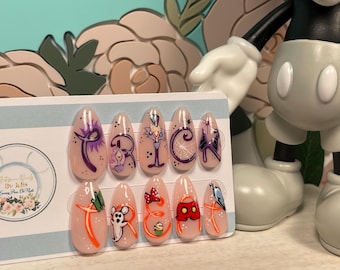 TRICK OR TREAT - Gel Press on Nails - Set of 10 Halloween Disney inspired Nails - Made to Order  - Disney Holiday Nails - Halloween