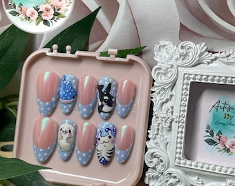 Ocean Babies Press On Nails | Cute Sea Animal Nails | Blue Glazed French Tips | Whale Shark Ocean Nail Art | Handmade Press Ons