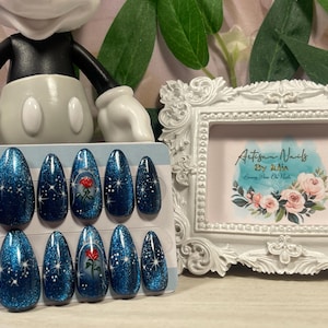 ENCHANTED ROSE  - Gel Press on Nails - Set of 10 Cats Eye Beauty & The Beast Inspired Nails - Made to Order - Rose - Stars