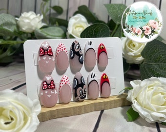 It Started With a Mouse - Gel Press on Nails - Set of 10 Mickey inspired Nails - Made to Order - Disney - Mickey Mouse - Almond Nails -