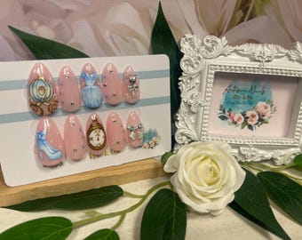 BIBBIDI BOBBIDI BOO - Gel Press on Nails - Set of 10 Cinderella inspired Nails - Made to Order - 3D Nails