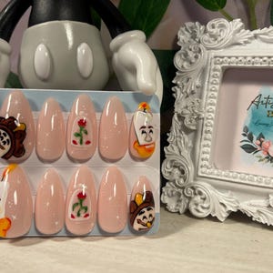BE OUR GUEST  - Gel Press on Nails - Set of 10 Clock & Candlestick  Nails - Made to Order - Rose - Beauty And The Beast Inspired