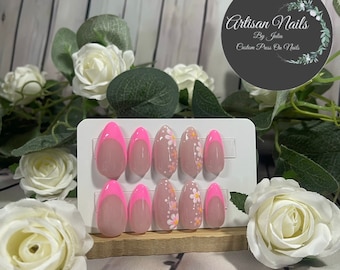 HIBISCUS - Gel Press on Nails - Set of 10 Hot Pink French Tip Nails with Flowers - Made to Order - Almond Nails - Floral Nails - Barbie Pink