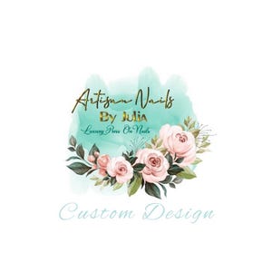 May include: A teal watercolor background with a floral design and the text "Artisan Nails By Julia Luxury Press On Nails Custom Design".