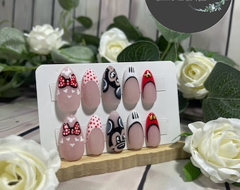 It Started With a Mouse - Gel Press on Nails - Set of 10 Mickey inspired Nails - Made to Order - Disney - Mickey Mouse - Almond Nails -