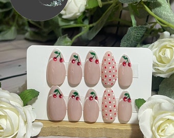 CHERIE BABY - Gel Press on Nails - Set of 10 Cherry French Tip Nails - Made to Order- Summer Nails - Polka Dots Nails - Summer Nails