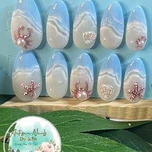 SHORELINE - Gel Press on Nails - Set of 3D sea shore inspired Nails - Made to Order - Almond Nails - Water Nails - Pearl Crabs - Pearl shell