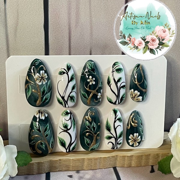 Vine Painted Press On Nails – Green Wedding Nails, Almond or Coffin