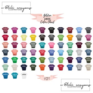 May include: Gildan 64000 color chart showing a variety of t-shirt colors. The chart includes colors like antique cherry red, coral silk, heather navy, kiwi, light blue, lime, maroon, and more.