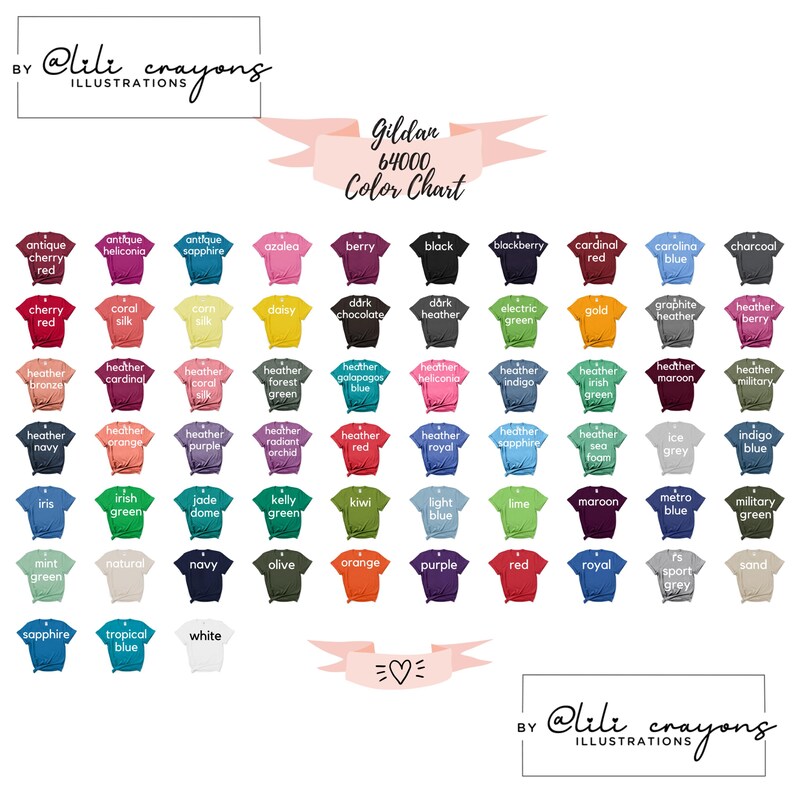 May include: Gildan 64000 color chart showing a variety of t-shirt colors. The chart includes colors like antique cherry red, coral silk, heather navy, kiwi, light blue, lime, maroon, and more.