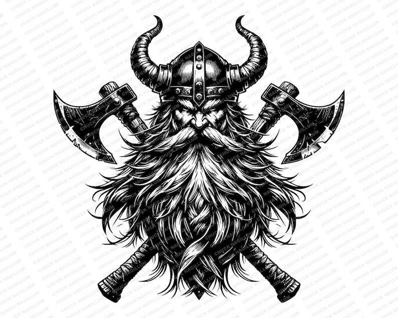 May include: Black and white illustration of a Viking warrior with a long beard and horned helmet, holding two crossed axes.