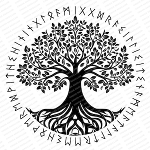 Puede incluir: Ilustración en blanco y negro de un árbol de la vida con raíces y ramas intrincadas. El árbol está rodeado por un círculo de runas.