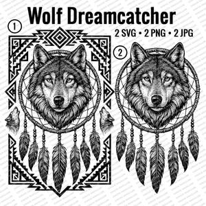 Puede incluir: Ilustración en blanco y negro de una cabeza de lobo dentro de un atrapasueños con plumas que cuelgan. El atrapasueños está rodeado de un patrón geométrico. El texto "Wolf Dreamcatcher" está en la parte superior de la imagen. El texto "2 SVG • 2 PNG • 2 JPG" está debajo de la imagen.
