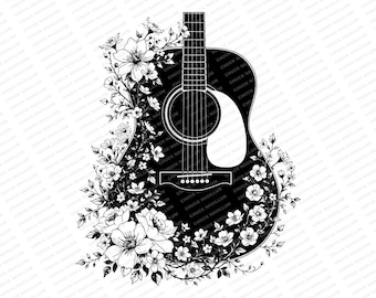 Guitarra acústica floral / SVG PNG JPG / Impresión de camiseta con flores / Guitarra country / Guitarra folk / Guitarra bohemia / Sublimación / Música y flores