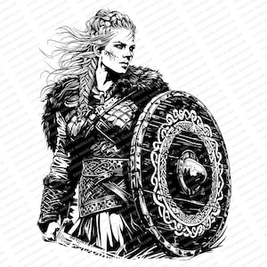 May include: Black and white illustration of a female warrior wearing a horned helmet, fur-lined cloak, and armour. She is holding a shield with a Celtic knot design and a sword.